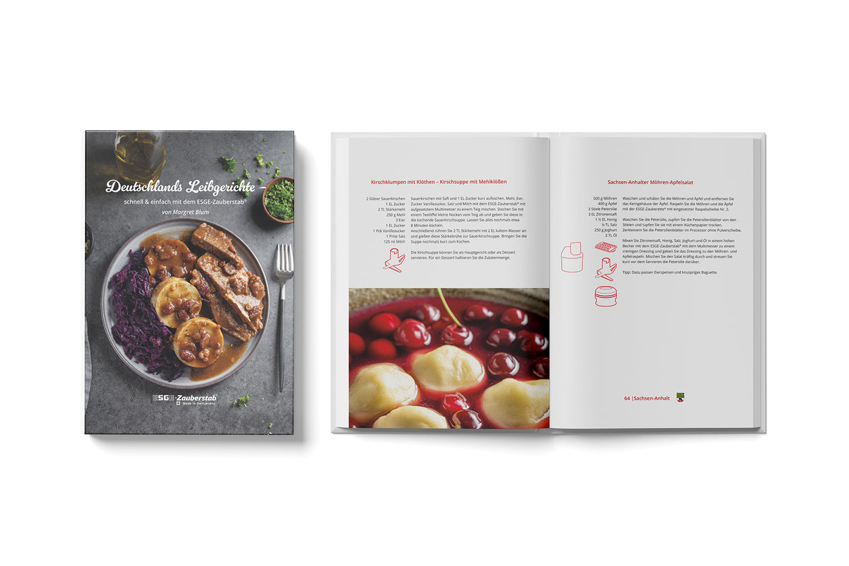 Links ist das Kochbuch „Deutschlands-Leibgerichte“ von ESGE-Zauberstab geschlossen und zeigt einen Teller mit Fleisch, Kartoffeln und Rotkohl, rechts sind Rezepte aufgeschlagen und eine Nahaufnahme von Knödeln in roter Soße zu sehen.