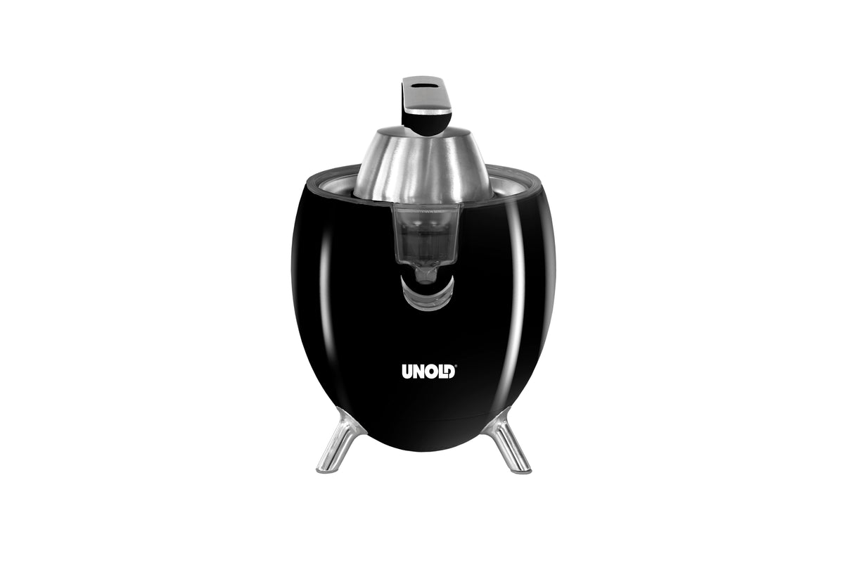 Die ZITRUSPRESSE Power Juicy von Unold ist eine schwarz-silberne elektrische Zitruspresse mit kompaktem, modernem Design, einem Ausguss zum einfachen Ausgießen und drei robusten Metallbeinen für sicheren Stand.