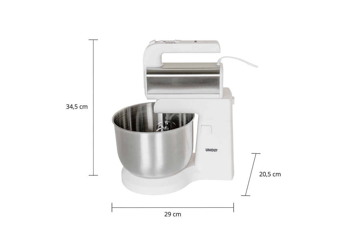 Eine weiße Küchenmaschine mit einer großen Edelstahlschüssel. Abgebildet sind die Maße: Höhe 34,5 cm, Breite 29 cm und Tiefe 20,5 cm. Die Maschine ist mit der Marke UNOLD versehen.