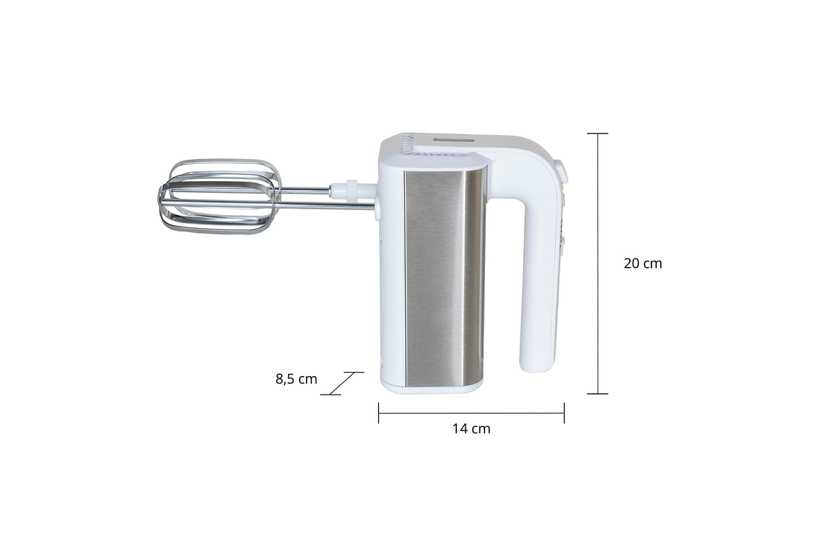 Ein weiß-silberner Handmixer mit Schneebesenaufsatz, in der Seitenansicht dargestellt. Die Maße sind angegeben: 20 cm hoch, 14 cm breit und 8,5 cm tief.