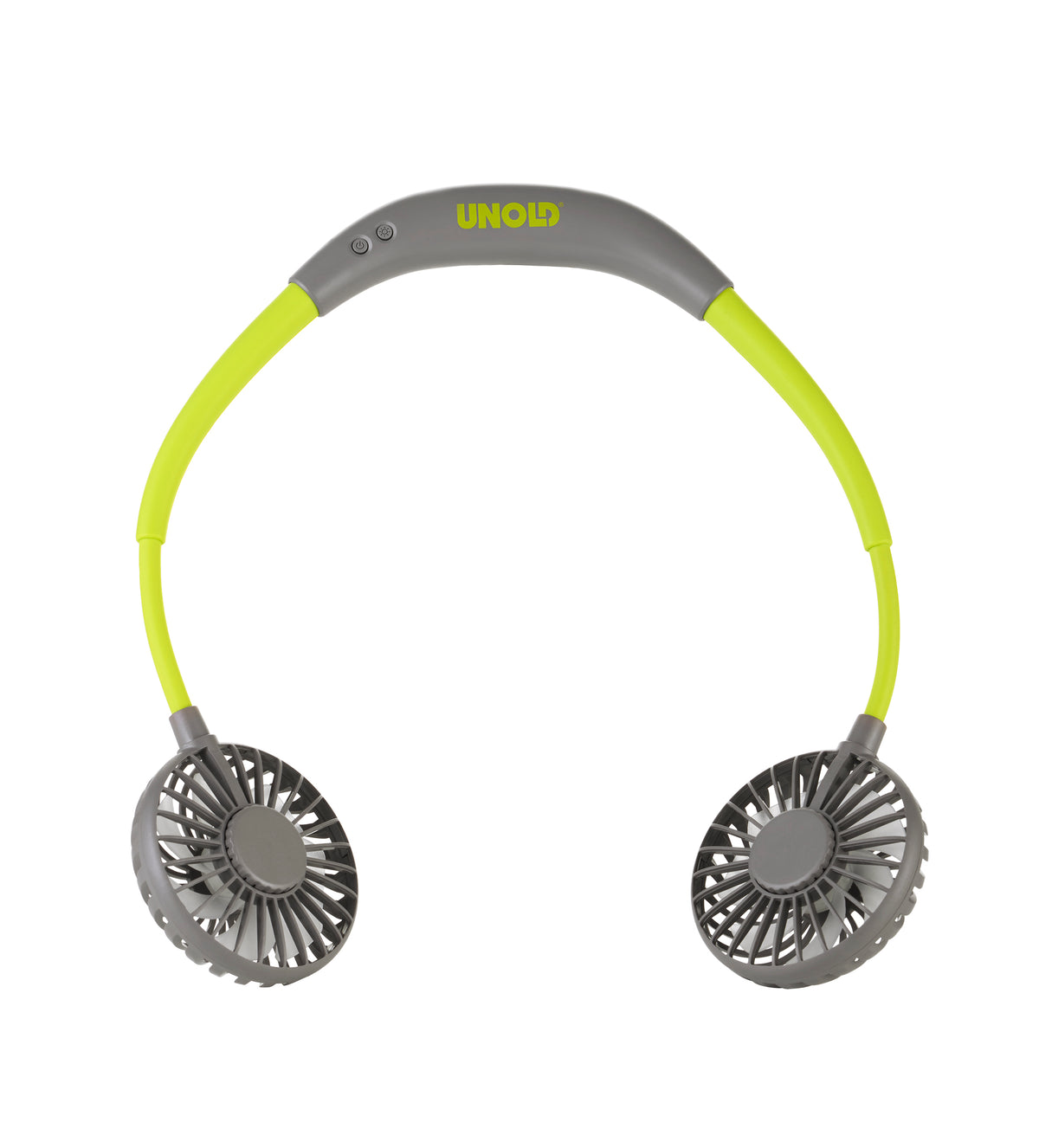 Der Unold NACKENVENTILATOR BREEZY ist ein tragbarer Nackenventilator mit zwei kleinen grauen Ventilatoren an jedem Ende eines flexiblen gelb-grauen Bandes.