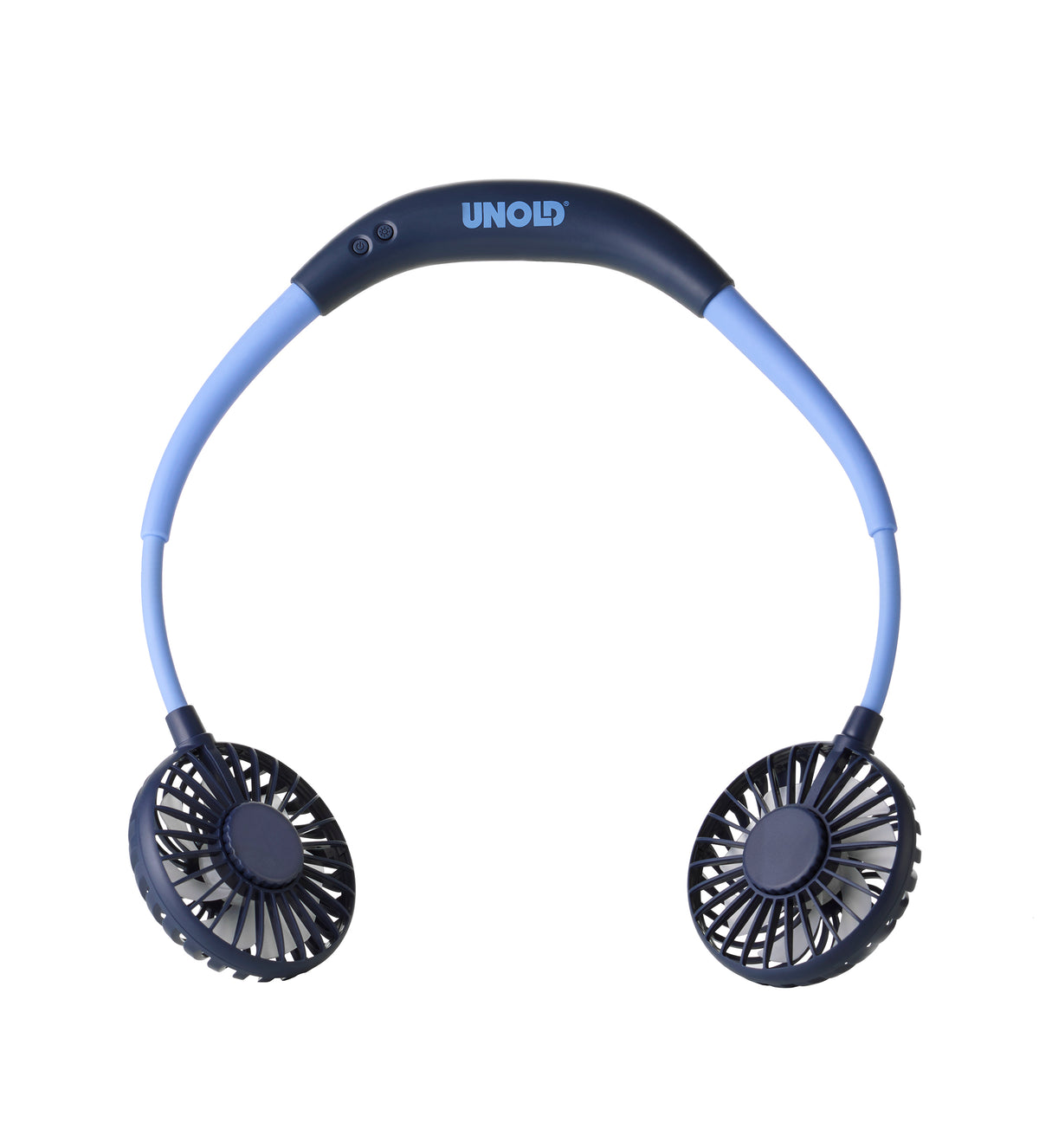 Der Unold NACKENVENTILATOR BREEZY ist ein tragbarer Nackenventilator mit zwei kleinen schwarz-blauen Lüftereinheiten an einem flexiblen Band. Er richtet den Luftstrom gezielt auf Ihr Gesicht und sorgt so für angenehme Kühlung.