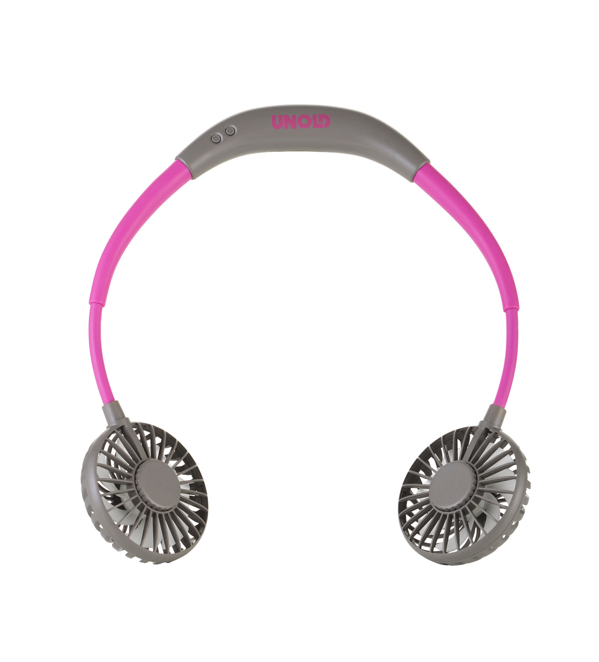 Der Unold NACKENVENTILATOR BREEZY ist ein tragbarer Nackenventilator mit zwei grauen, runden Ventilatoreinheiten, die durch rosafarbene, flexible Arme verbunden sind, und einem grauen Oberteil mit der Aufschrift „Unold“, der für eine bequeme, freihändige Kühlung konzipiert ist.