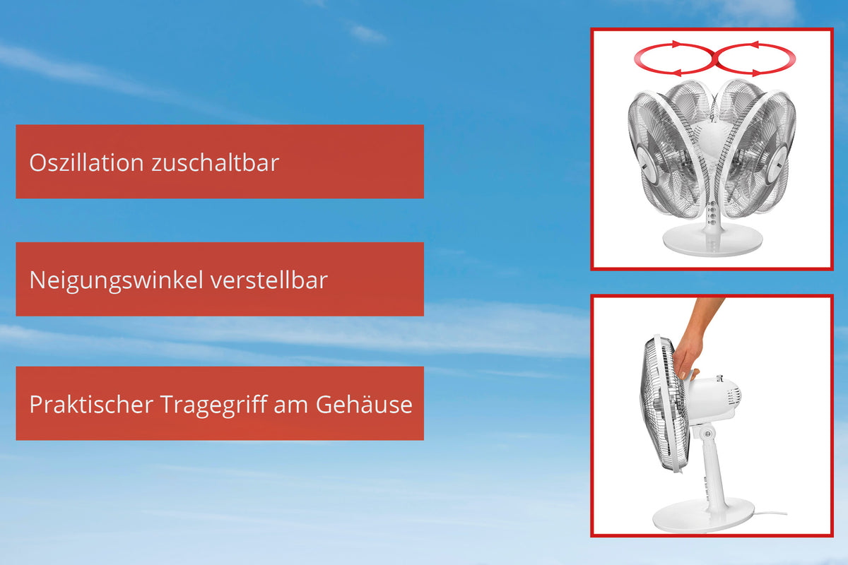 Ein Bild zeigt den Unold TISCHVENTILATOR SILVERLINE 30 cm mit zuschaltbarer Oszillation, verstellbarem Neigungswinkel und praktischem Tragegriff. Diagramme zeigen den Ventilator rotierend und beim Tragen. Den Hintergrund bildet der blaue Himmel.