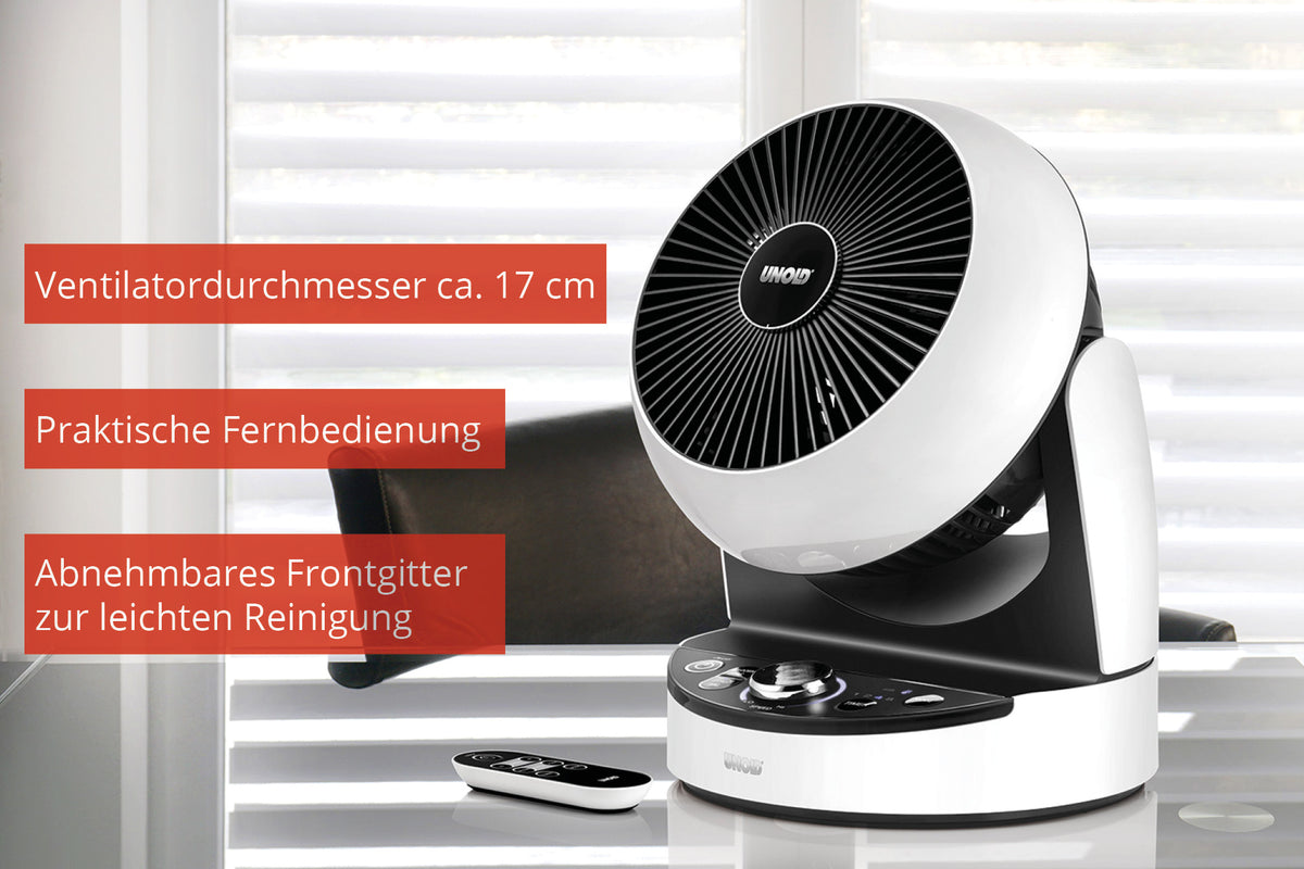 Der Unold TISCHVENTILATOR 3D B-Ware, ein weiß-schwarzer Tischventilator, steht vor Fensterläden. Er verfügt über einen Durchmesser von 17 cm, eine praktische Fernbedienung und ein abnehmbares Frontgitter zur einfachen Reinigung.