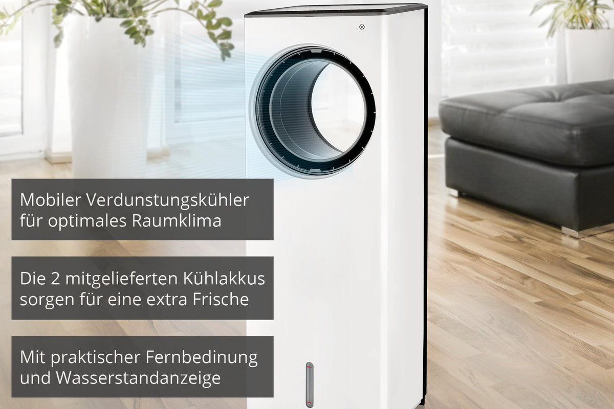 Der Unold AIR COOLER FRESH ist ein weißer, mobiler Verdunstungskühler für modernes Wohnzimmer. Er verbessert das Raumklima, bietet Kühlakkus für extra Frische und verfügt über eine Fernbedienung sowie eine Wasserstandsanzeige.
