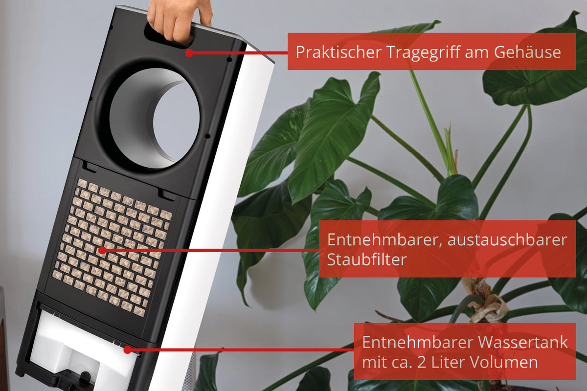 Der Unold AIR COOLER FRESH wird am integrierten Tragegriff gehalten. Die Beschriftung in deutscher Sprache weist auf einen praktischen Tragegriff, einen herausnehmbaren und austauschbaren Staubfilter sowie einen abnehmbaren 2-Liter-Wassertank hin.