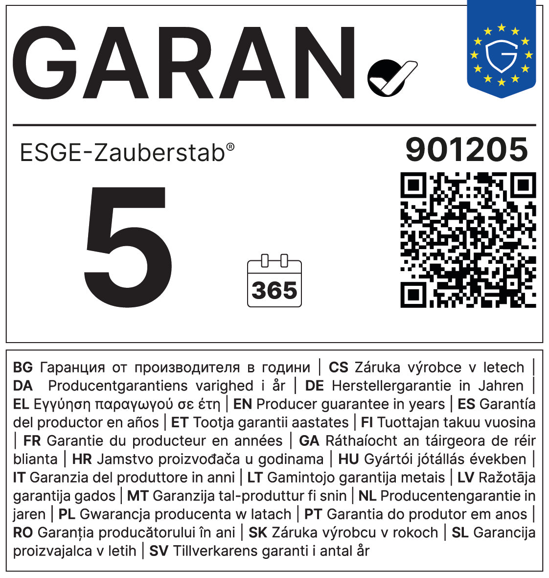 Garantieetikett mit dem „ESGE-Zauberstab M100 Design Bundle, weiß“ von ESGE-Zauberstab, mit dem GARAN-Logo, einem Stift- und Häkchen-Symbol, einem blauen Siegel mit Sternen und einem Häkchen in der oberen rechten Ecke, der Zahl 5, einem Kalendersymbol mit 365 Tagen, einem QR-Code sowie Garantieinformationen in mehreren Sprachen.