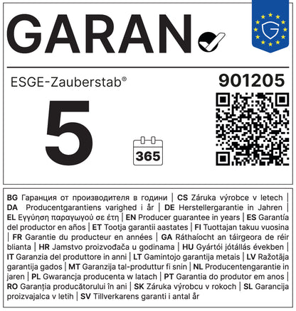 Garantieetikett mit dem „ESGE-Zauberstab M100 Design Bundle, weiß“ von ESGE-Zauberstab, mit dem GARAN-Logo, einem Stift- und Häkchen-Symbol, einem blauen Siegel mit Sternen und einem Häkchen in der oberen rechten Ecke, der Zahl 5, einem Kalendersymbol mit 365 Tagen, einem QR-Code sowie Garantieinformationen in mehreren Sprachen.