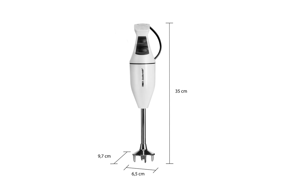 Der ESGE-Zauberstab® M 100 Design Weiß von Unold ist ein weißer, aufrecht stehender Stabmixer mit einer Höhe von 35 cm, einer Breite von 9,7 cm am Boden und einer Breite von 6,5 cm am Ende des Mixmessers.