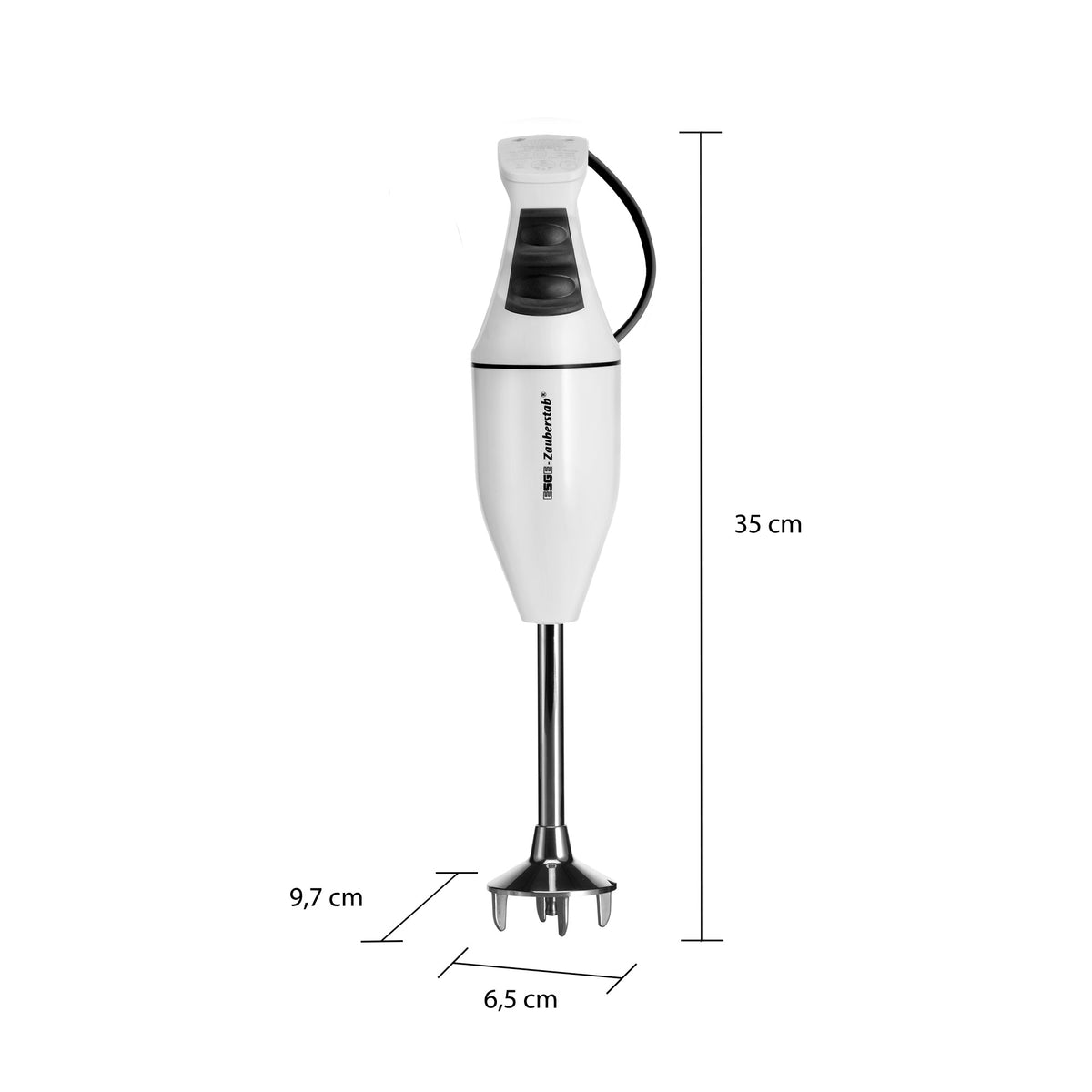 Der Unold ESGE-Zauberstab® M 100 Design Weiß, ein weißer Stabmixer mit schwarzem Knopf, misst 35 cm in der Höhe, 9,7 cm in der Breite an der Oberseite und 6,5 cm in der Breite am Mixfuß, abgebildet auf einem einfarbigen Hintergrund.