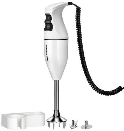 Der ESGE Zauberstab ESGE-Zauberstab 902105 Set E120 Select ist ein weißer Stabmixer mit schwarzem Spiralkabel, abgebildet mit Wandhalterung und zwei Klingenaufsätzen aus Metall auf weißem Hintergrund.