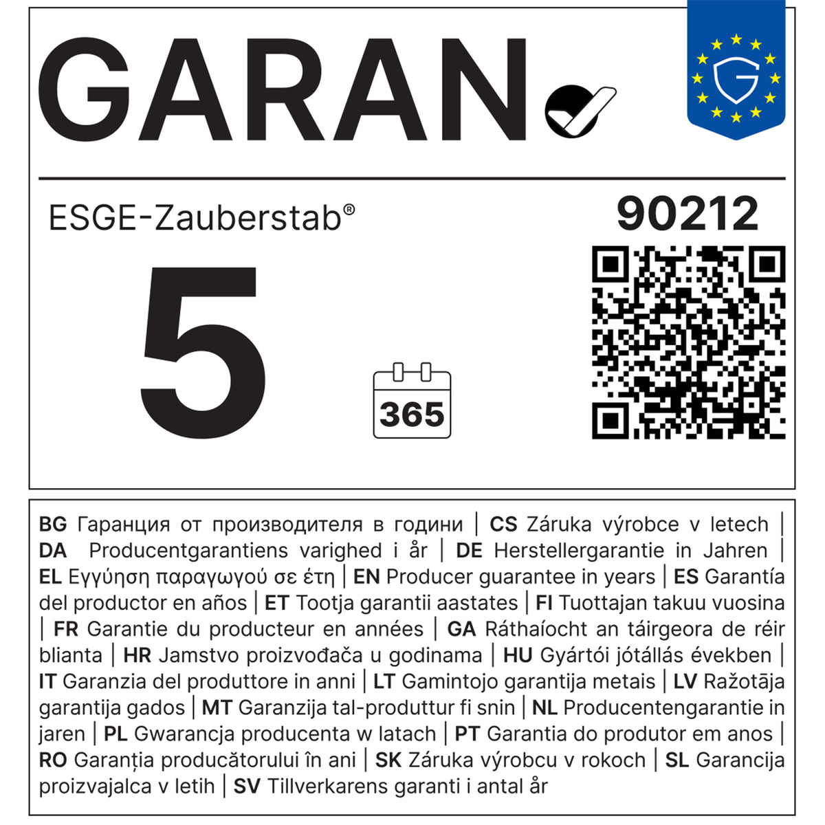 Eine Garantiekarte für den ESGE-Zauberstab E120 Select Schweiz, rot von ESGE-Zauberstab enthält das Wort „GARAN“, eine deutlich hervorgehobene Zahl 5, die für eine 5-jährige Garantie steht, einen QR-Code, mehrsprachige Garantieinformationen sowie ein EU-Flaggen-Symbol.