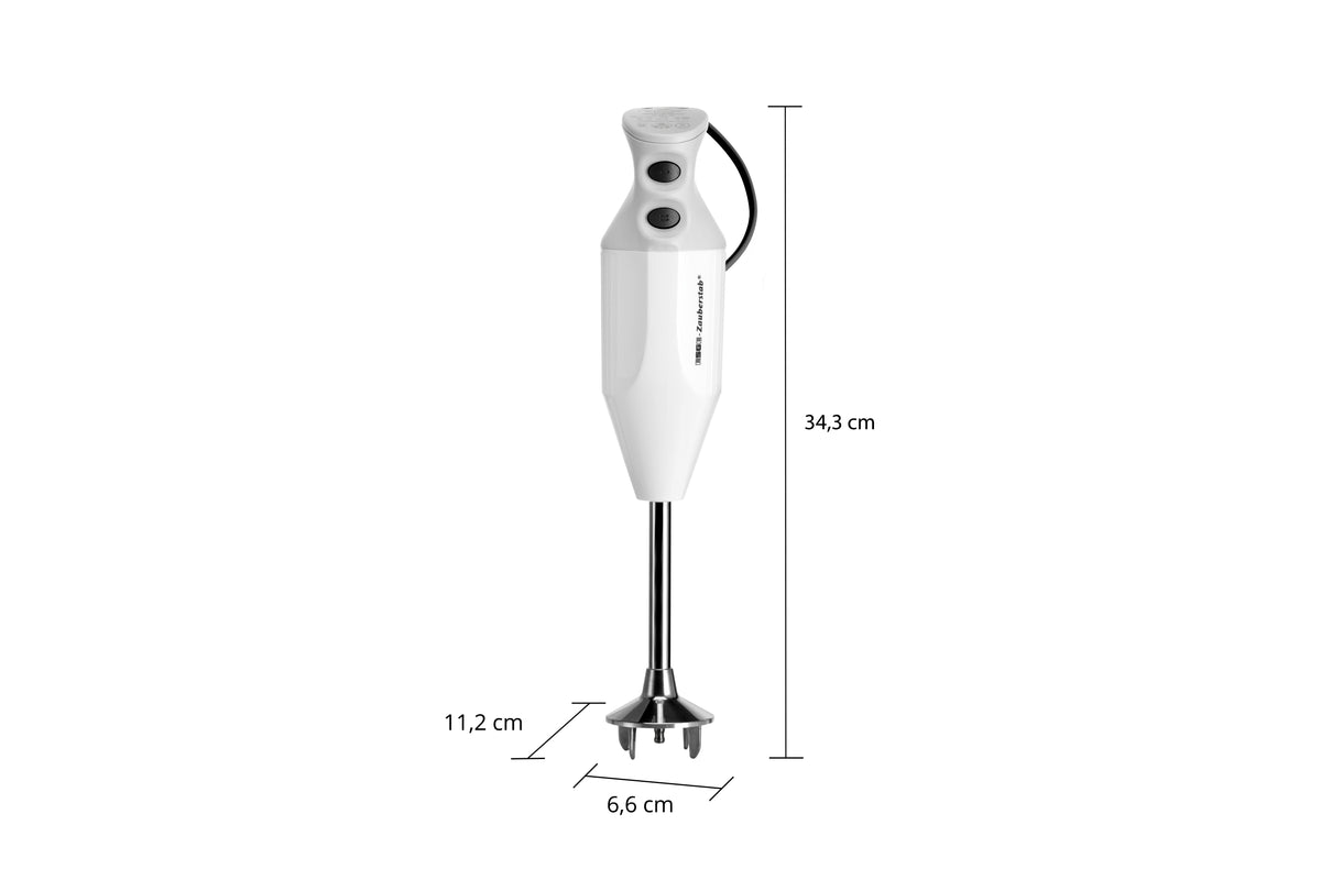 Der ESGE-Zauberstab® M 122 S von ESGE-Zauberstab ist ein weißer Stabmixer mit Power-Knopf und einer Höhe von 34,3 cm; sein Metall-Mixstab misst 11,2 cm und der Bodendurchmesser beträgt 6,6 cm.