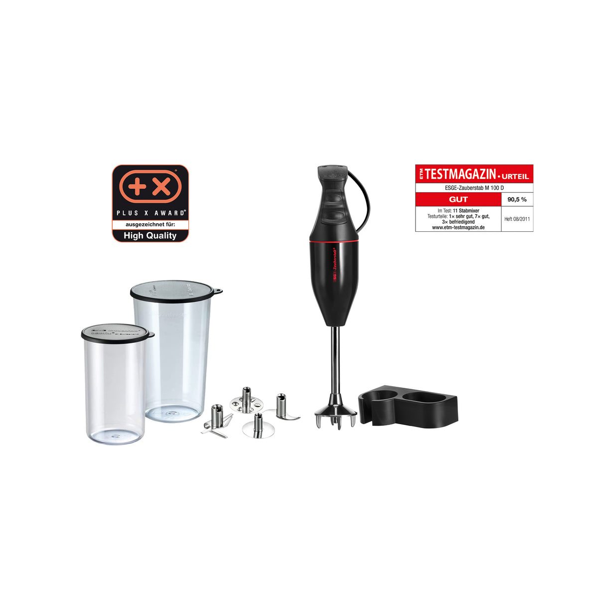 Der ESGE-Zauberstab Zauberstab E 120 Design Schwarz 915201 ist ein schwarzer Stabmixer, der mit zahlreichen Aufsätzen, zwei durchsichtigen Mixbehältern und einem Doppelständer geliefert wird und über zwei Auszeichnungsetiketten für hohe Qualität und hervorragende Testergebnisse verfügt.