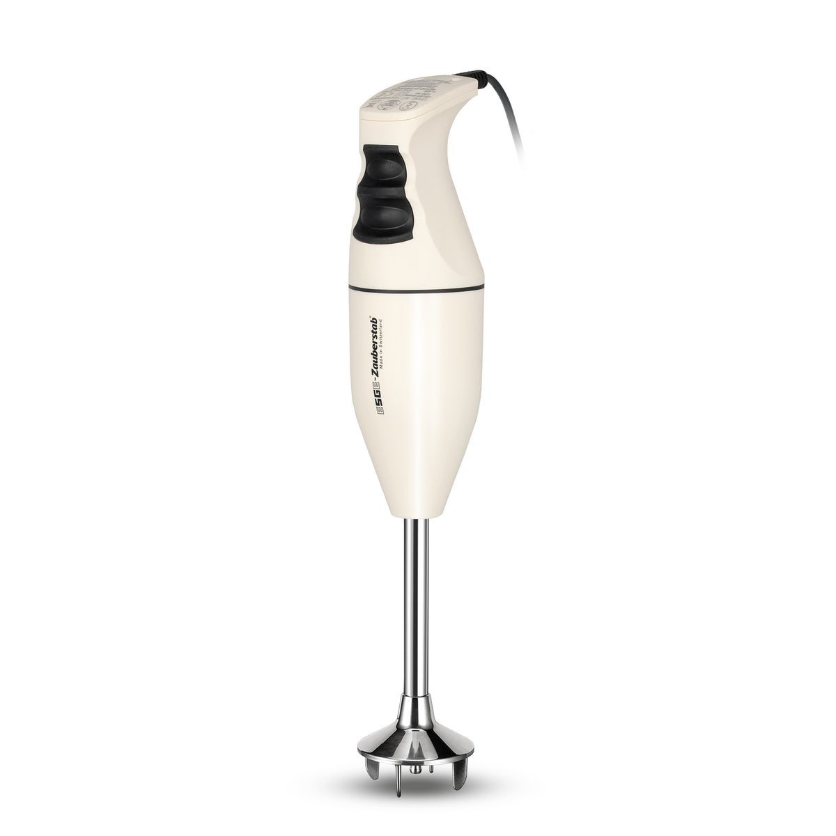 Der ESGE-Zauberstab M100 Exklusiv Edition von ESGE-Zauberstab ist ein weißer Stabmixer mit schwarzem Griff, zwei Bedienknöpfen und einem Edelstahl-Mixerschaft und -messer, der aufrecht auf einem schlichten weißen Hintergrund steht.