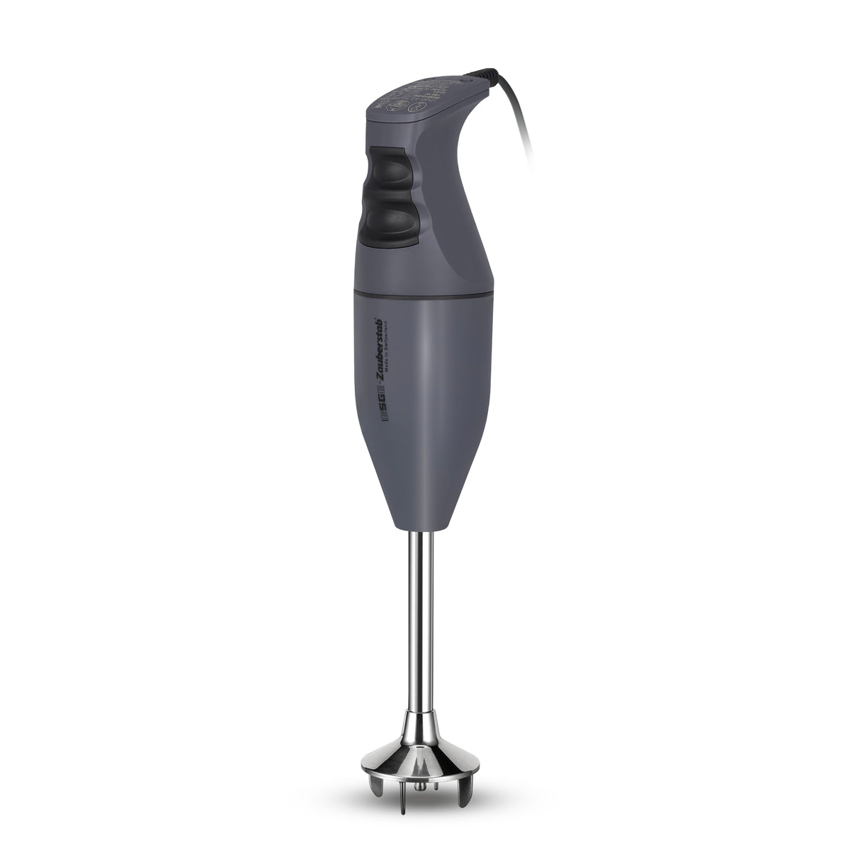 Der ESGE-Zauberstab M100 Exklusiv Edition von ESGE-Zauberstab ist ein grauer Stabmixer mit schwarzen Tasten, einem silbernen Mixerschaft und einem oben angebrachten Netzkabel.
