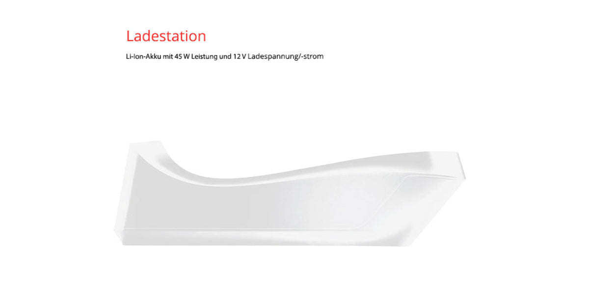 Der ESGE-Zauberstab® cordless PRO Weiß 95300 von Unold, eine schlichte weiße Ladestation mit minimalistischem Design, ist auf schlichtem weißem Hintergrund abgebildet. Der deutsche Text oben lautet „Ladestation“ und beschreibt den 45W Lithium-Ionen-Akku (12V Ladespannung/-strom).