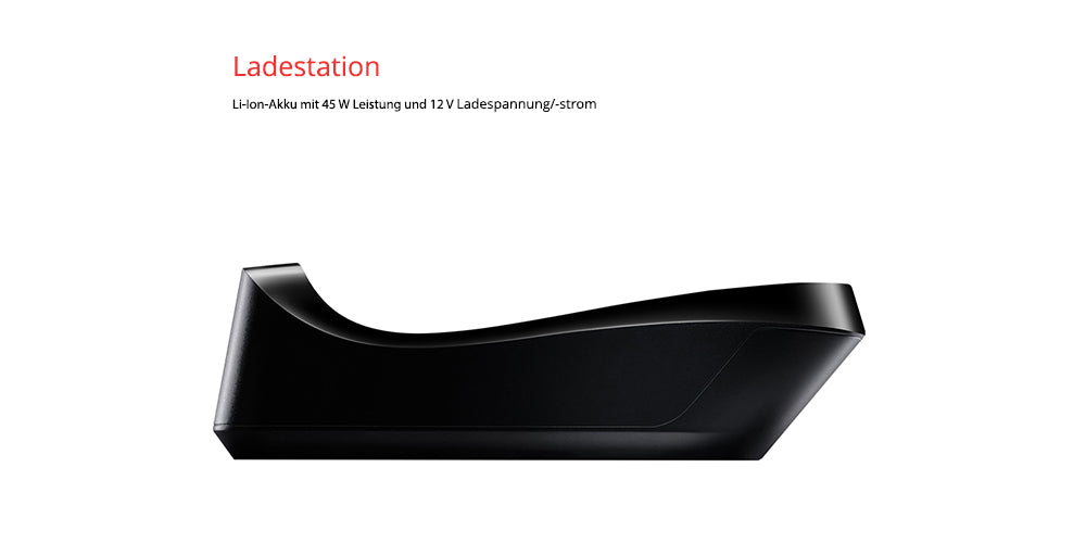 Seitenansicht der kabellosen Ladestation Unold ESGE-Zauberstab® Schwarz 95105, schlicht und schwarz auf weißem Hintergrund, darüber steht „Ladestation“ auf Deutsch und technische Details: 45 W Leistung, 12 V Ladespannung/-strom.