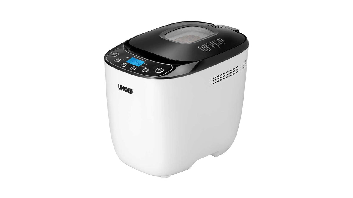 Ein weiß-schwarzer Brotbackautomat von UNOLD mit Digitalanzeige, Bedientasten auf der Vorderseite und transparentem Sichtfenster auf dem Deckel, abgebildet vor einem schlichten weißen Hintergrund.