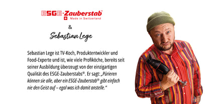 Ein Mann mit grüner Mütze und gestreiftem Hemd hält den Unold ESGE-Zauberstab® Petticoat Edition in der Hand und zeigt darauf. Im Text wird er als Sebastian Lege, Fernsehkoch und Produktexperte, vorgestellt, der die Qualität des Mixers bestätigt.