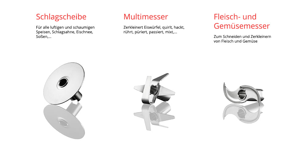 Drei ESGE-Zauberstab Bundle E 120 Select Anthrazit Aufsätze von Unold auf weißem Hintergrund: Schlagscheibe, Multimesser und Fleisch- und Gemüsemesser mit deutschen Aufschriften darüber.