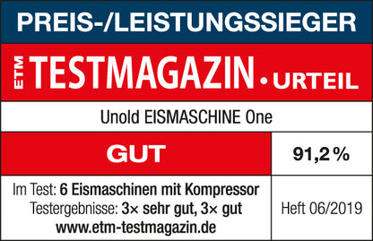Die Unold Eismaschine One inklusive Eisbuch 1,2 L erhielt im ETM Testmagazin Heft 06/2019 im Test unter sechs anderen Eismaschinen die Note „Gut“ (91,2 %).