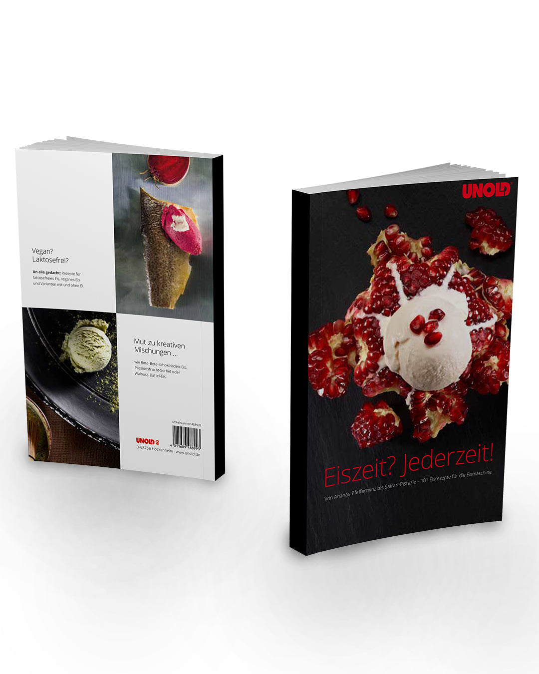Zwei Ansichten des Kochbuchs, das der Unold Eismaschine Gelato 1,5 L beiliegt: Die Vorderseite zeigt Eis mit Granatapfelkernen auf dunklem Untergrund, die Rückseite zeigt Eiskugeln, Waffeln und ein Dessert mit roten Früchten.