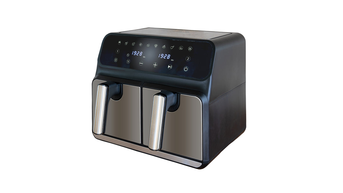 Eine schwarze Heißluftfritteuse mit zwei Körben, einem digitalen Touch-Bedienfeld und zwei silbernen Griffen, abgebildet auf weißem Hintergrund.