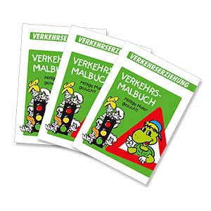 Drei Verkehrs-Malbücher mit einem Cartoon-Dinosaurier, einer Ampel und einem roten Warndreieck auf den grünen Umschlägen. Der Titel lautet „Verkehrs-Malbuch“.