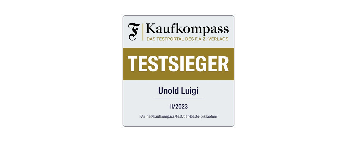 Ein quadratisches Schild mit dem Kaufkompass-Logo und dem Text „Testsieger“ in großen Buchstaben. Darunter steht „Unold Luigi“, „11/2023“ und unten ein Website-Link. Die Farben sind Weiß, Gold und Grau.