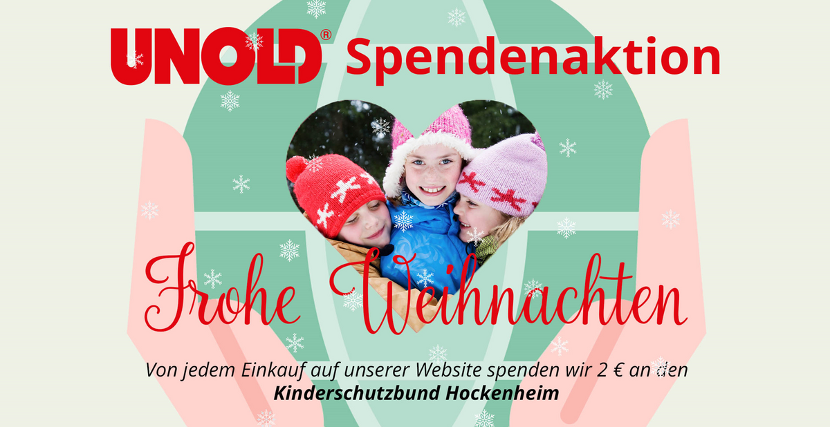 Banner mit der Aufschrift „UNOLD Spendenaktion“ oben, einem Foto von vier lächelnden Kindern in Winterkleidung und Mützen sowie „Frohe Weihnachten“ mit Einzelheiten zu einer Spende für den Kinderschutzbund Hockenheim.