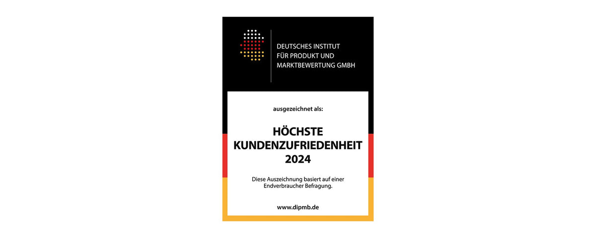Auszeichnungsurkunde des Deutschen Instituts für Produkt und Marktbewertung GmbH für Höchste Kundenzufriedenheit 2024, mit schwarzen, roten und gelben Akzenten.