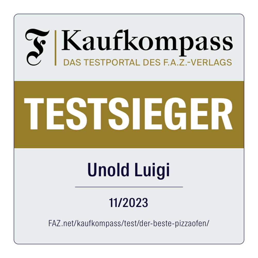 Ein Kaufkompass-Siegel mit der Aufschrift „TESTSIEGER“ in Fettdruck, darunter Unold Luigi, datiert 11/2023. Der Text unten verlinkt zu einem Pizzaofen-Test auf FAZ.net.