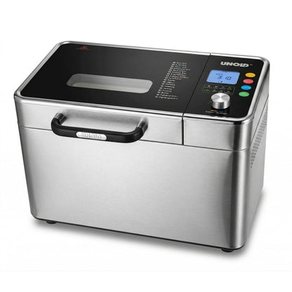 Der Unold Brotbackautomat BackProfi Nussspender inkl.. Rezeptheft ist ein Edelstahl-Brotbackautomat mit schwarzem Deckel, Sichtfenster, Digitalanzeige, Programmtasten und einem Frontgriff.