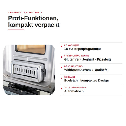 Der Unold Brotbackautomat BackProfi Nussspender inkl.. Rezeptheft verfügt über 16+2 Programme, glutenfreie, Joghurt- und Pizza-Optionen, eine keramische Antihaftbeschichtung, ein Gehäuse aus Edelstahl und einen automatischen Nussspender.