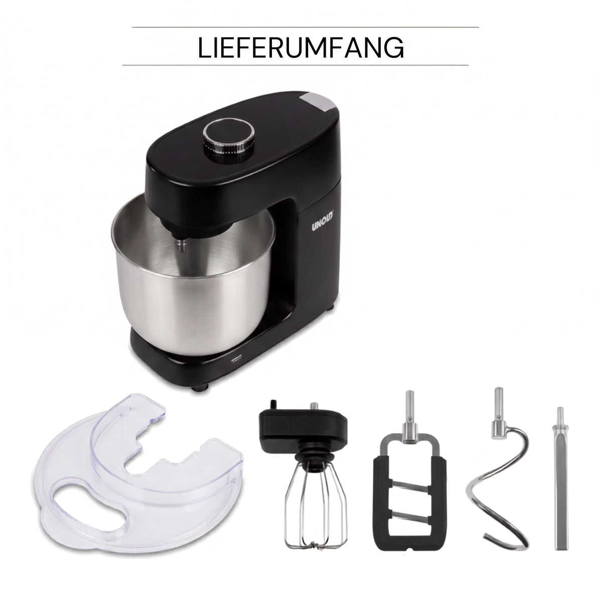 Die Unold Spiralknetmaschine Spirella ist eine schwarze Küchenmaschine mit einer Edelstahlschüssel. Zum Lieferumfang gehören ein Spritzschutz, ein Schneebesen, ein Flachrührer und ein Knethaken. Über der Küchenmaschine ist das Wort „LIEFERUMFANG“ zu lesen.
