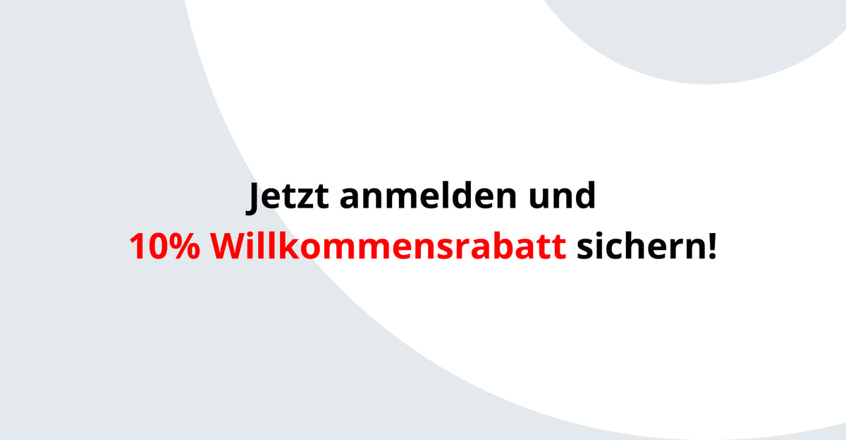Der Text auf Deutsch auf einem hellgrauen und weißen abstrakten Hintergrund lautet: Jetzt anmelden und 10 % Willkommensrabatt sichern! mit 10% Willkommensrabatt rot hervorgehoben.