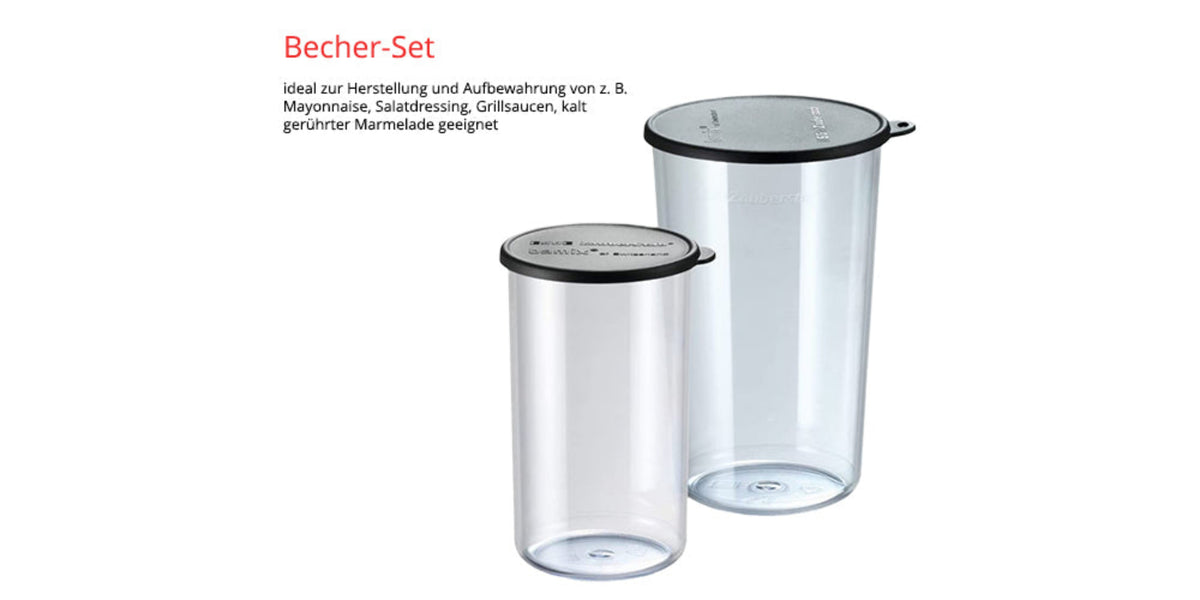 Das ESGE Zauberstab M100 Premium-Set 9142600 von ESGE Zauberstab beinhaltet zwei transparente Kunststoffbehälter mit schwarzem Deckel in unterschiedlichen Größen, ideal zum Aufbewahren von Mayonnaise, Salatdressing, Soßen oder Marmelade.