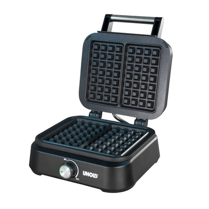 Das Unold BELGISCHE WAFFELEISEN Brüssel ist ein schwarzes elektrisches Waffeleisen mit Edelstahlgriff. Im geöffneten Zustand präsentiert es zwei quadratische Waffelplatten. Die Vorderseite ist mit einem Drehknopf und dem Unold-Logo versehen.