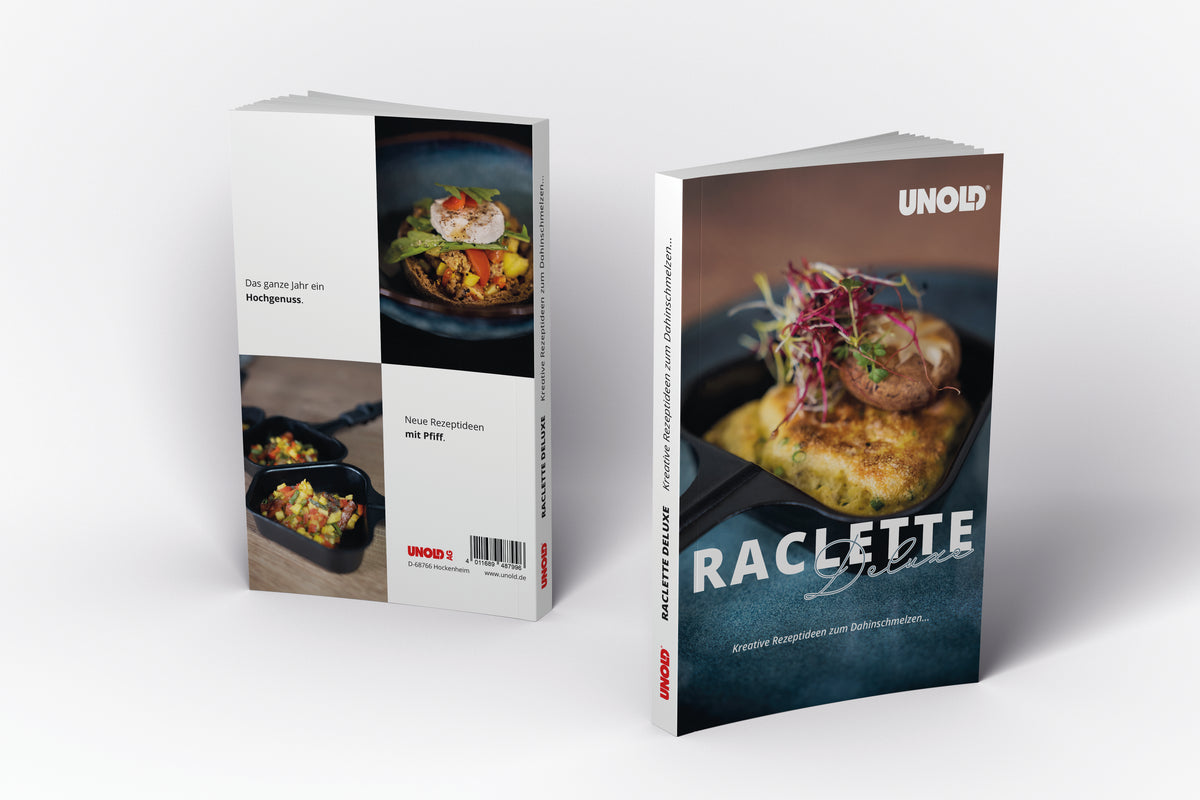 Abgebildet sind zwei Kochbücher im Hochformat. Auf der Vorderseite ist ein Raclette-Geschirr mit Käse und dem Titel „Raclette Smokeless inklusive Raclette Buch“ von Unold abgebildet. Auf der Rückseite sind Tellergerichte und eine deutsche Produktbeschreibung abgebildet.