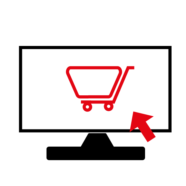 Ein rotes Einkaufswagensymbol mit einem darauf zeigenden roten Pfeil vor einem schlichten Hintergrund.