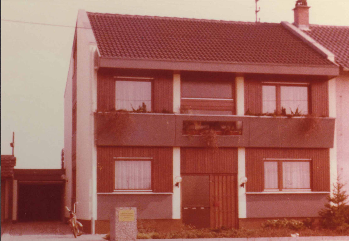 Ein zweistöckiges Haus mit rotem Ziegeldach, braun-beiger Fassade und großen Fenstern. Links neben der Garage parkt ein Fahrrad, vor dem Gebäude steht ein kleiner grüner Busch.