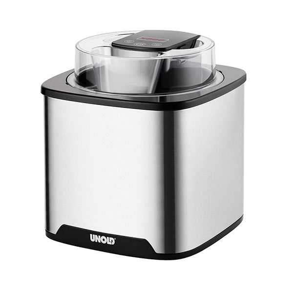 Die Unold Eismaschine Gelato 1,5 L ist eine silber-schwarze Eismaschine mit transparentem Deckel und einem digitalen Bedienfeld auf der Oberseite.