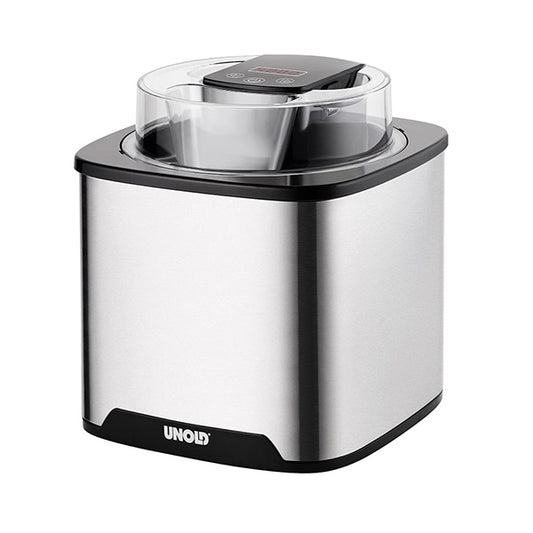 Die Unold Eismaschine Gelato 1,5 L ist eine silber-schwarze Eismaschine mit transparentem Deckel und einem digitalen Bedienfeld auf der Oberseite.