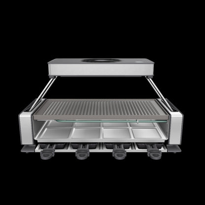 3D-Modell des Unold Raclette Smokeless mit Grillplatte, integrierter Rauchreduktionsfunktion, darunterliegenden Pfännchen und rechteckigem Gehäuse.