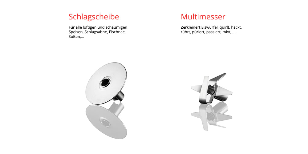 Zwei silberne Aufsätze für den Unold ESGE-Zauberstab® E 120 Select Weiß auf weißem Grund: links Schlagscheibe zum Aufschlagen/Aufschäumen, rechts Multimesser zum Zerkleinern, Pürieren, Mixen und mehr.