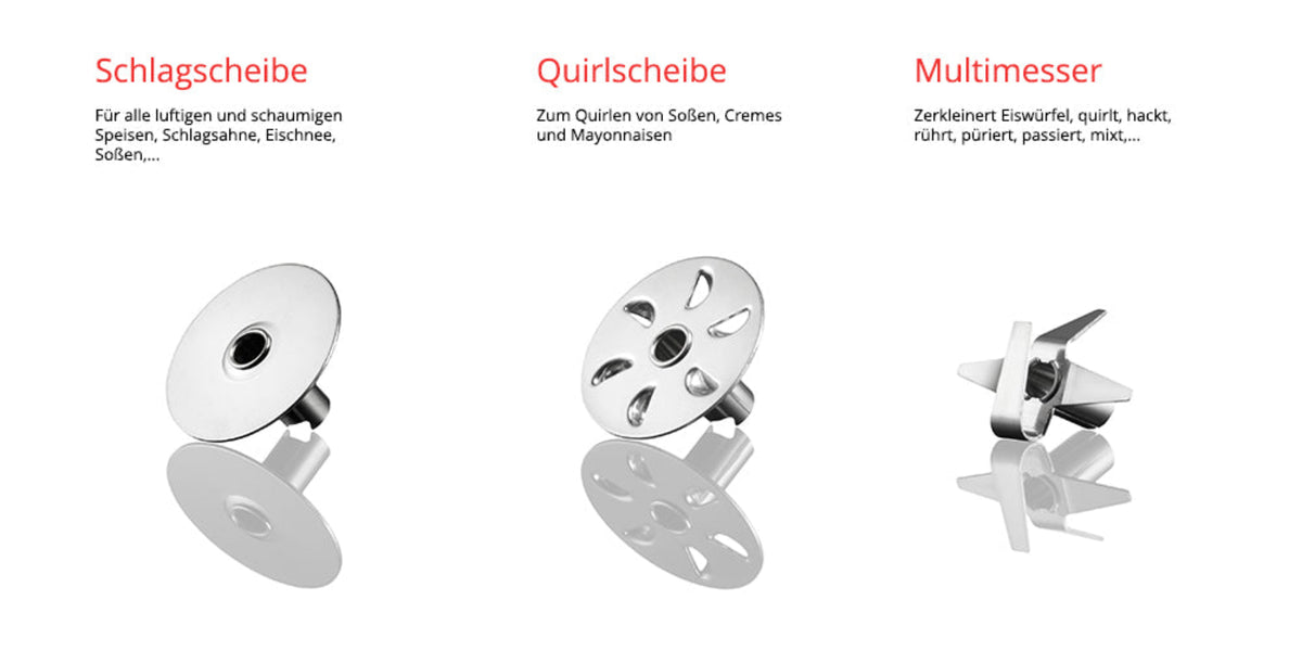 Der ESGE-Zauberstab® Akku PRO Weiß 95300 von Unold verfügt über drei Aufsätze: eine Schlagscheibe, eine Quirlscheibe und ein Multimesser, jeweils mit deutscher Anwendungsbezeichnung.