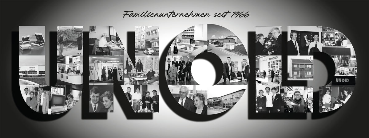 Der große Schriftzug „UNOLD“ ist mit Schwarz-Weiß-Fotos von Menschen, Gebäuden und Produkten gefüllt. Über dem Schriftzug steht in Schreibschrift der deutsche Satz „Familienunternehmen seit 1966“.