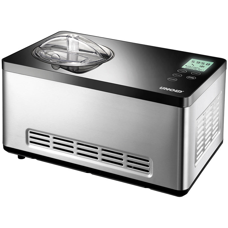 Die Unold Eismaschine Gusto 2 L ist eine Edelstahl-Eismaschine mit transparentem Deckel, Digitalanzeige und Bedientasten oben. Das Unold-Markenlogo befindet sich vorne rechts.